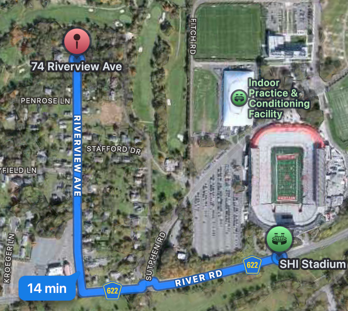 Route from 74 Riverview Ave to SHI Stadium