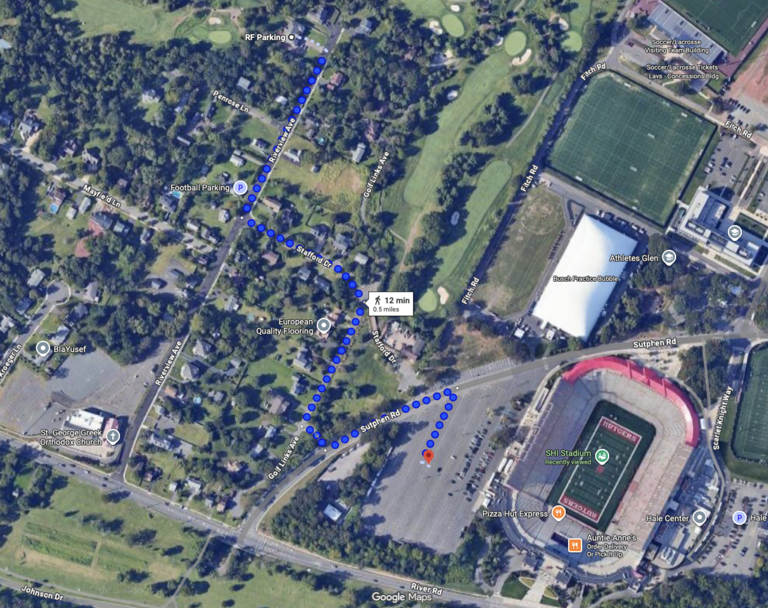 Route from 74 Riverview Ave to SHI Stadium